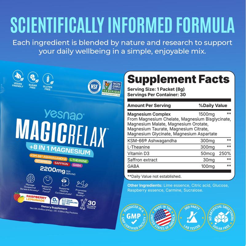 MAGICRELAX | Cortisol Balance, Mood & Sleep Drink Mix | 8-in-1 Magnesium + Ashwagandha | No Sugar | 30 Servings