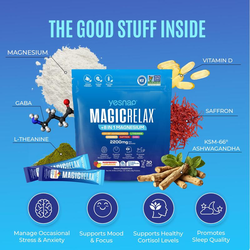MAGICRELAX | Cortisol Balance, Mood & Sleep Drink Mix | 8-in-1 Magnesium + Ashwagandha | No Sugar | 30 Servings