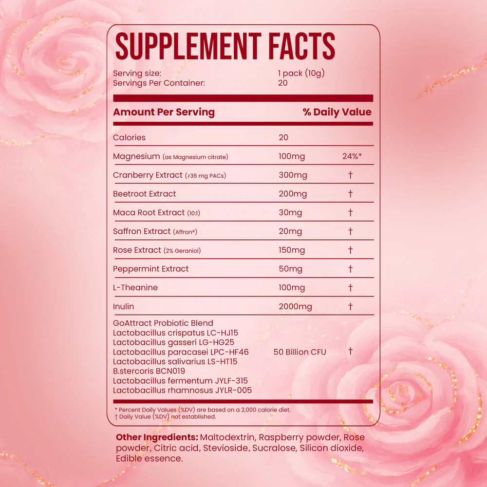 Nestrient GoAttract Feminine Balance Glow Drink Mix with Probiotics & Rose Extract–Berry Rose Flavor.