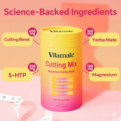 Vitamate CUTTING MIX — Craving Control & Metabolism Booster Drink | Berberine, 5-HTP & GLP-1 Support | Strawberry Açaí | 30 Servings