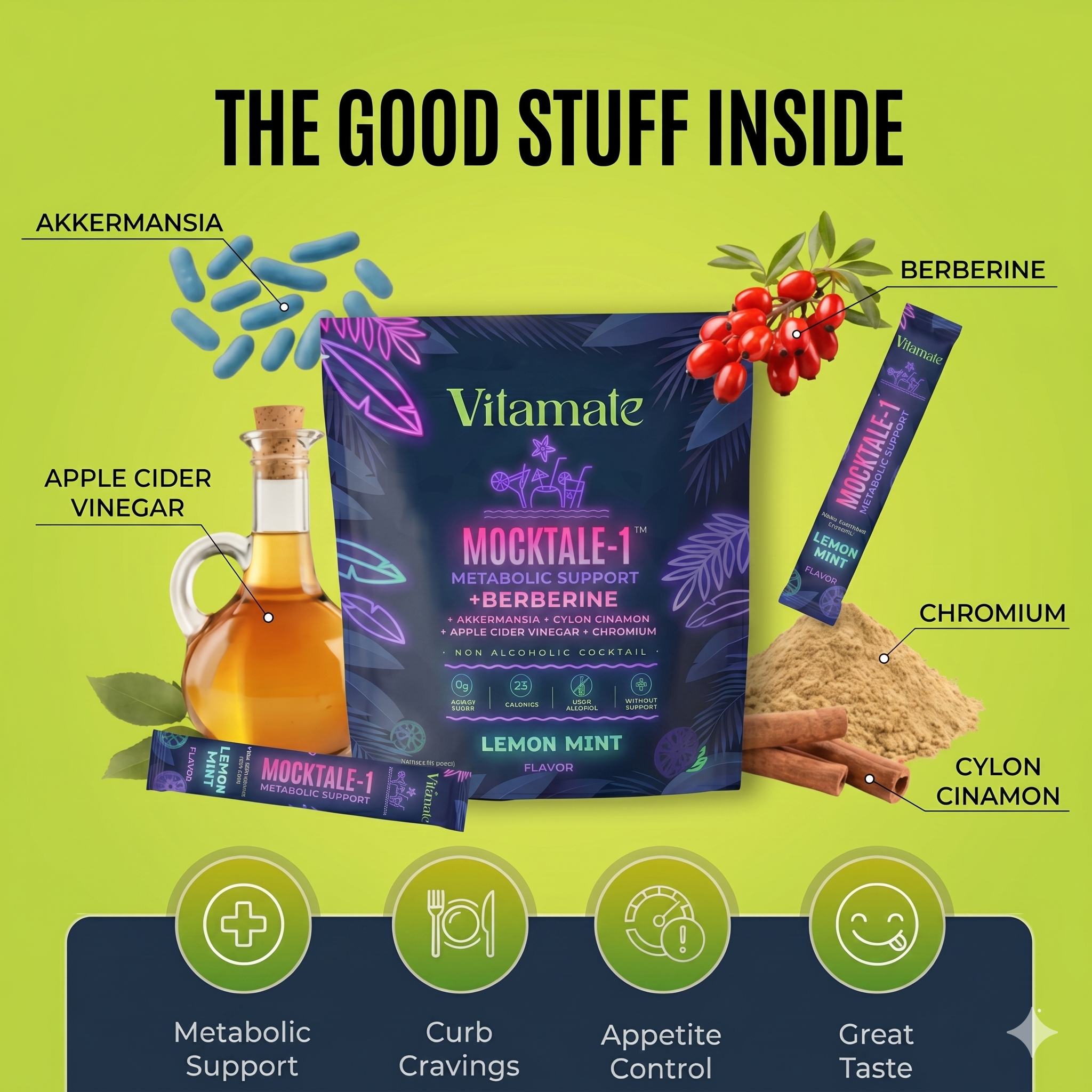 Vitamate MOCKTALE-1 Metabolic Support Drink Mix – Berberine, ACV & Cinnamon |  Lemon Mint