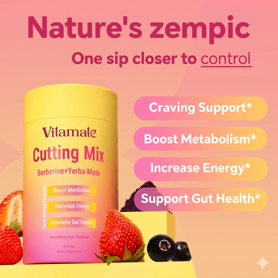 Vitamate CUTTING MIX — Craving Control & Metabolism Booster Drink | Berberine, 5-HTP & GLP-1 Support | Strawberry Açaí | 30 Servings